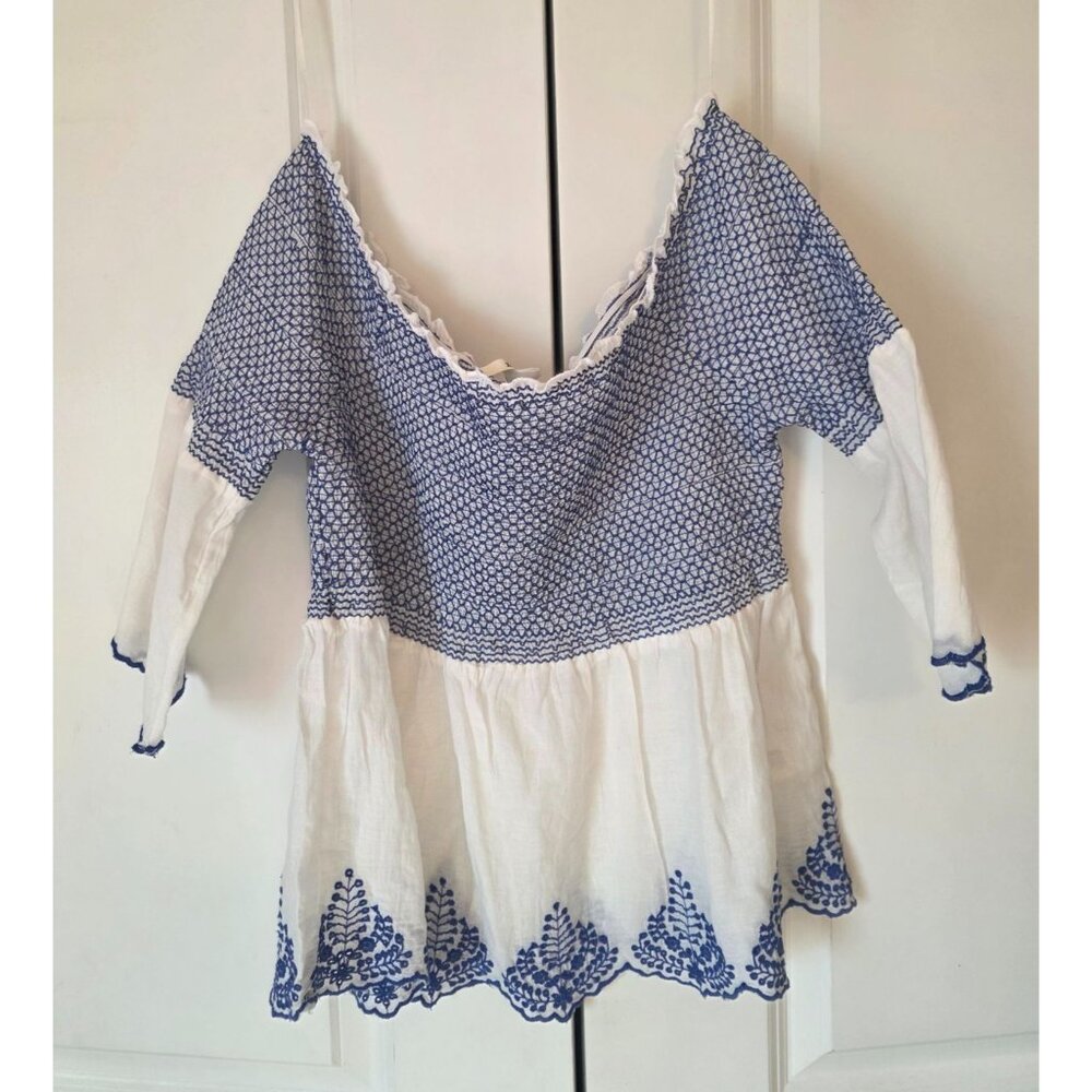 Mi Ami Off Shoulder Cotton Lightweight Embroidered Blouse XL NEW Smocked Boho